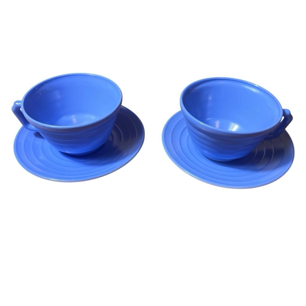 Two Antique 1930's Hazel Atlas Platonite Glass Blue Moderntone Cup Saucer Sets